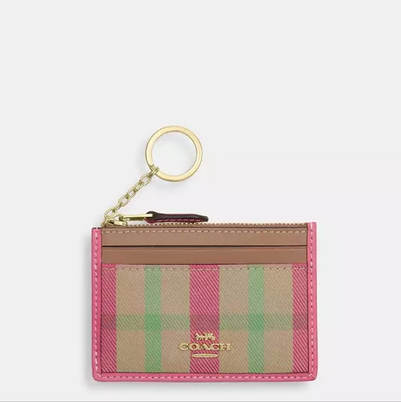 NEW Coach Mini Skinny Id Case With Plaid Print (Gold/Pink) - Picture 1 of 6